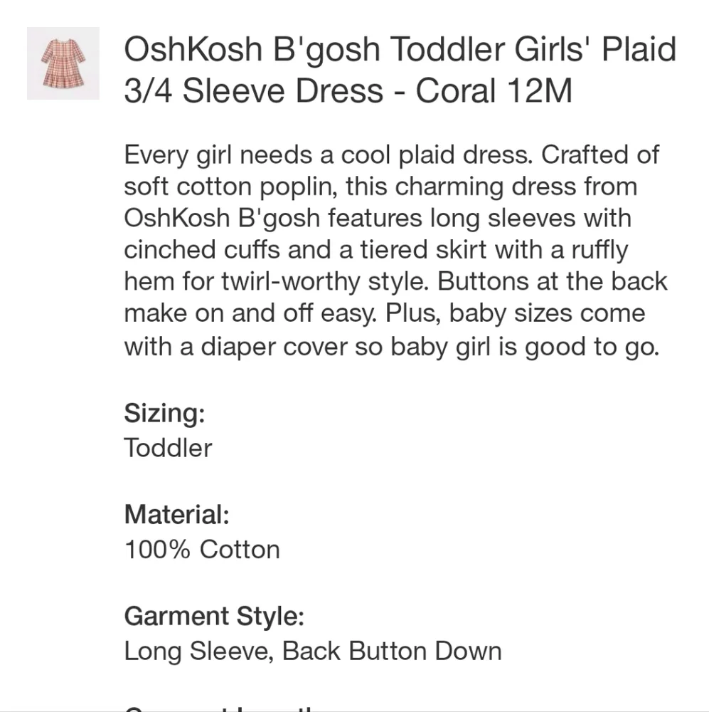Oshkosh B'gosh Toddler Girls Plaid 3/4 Sleeve Dress